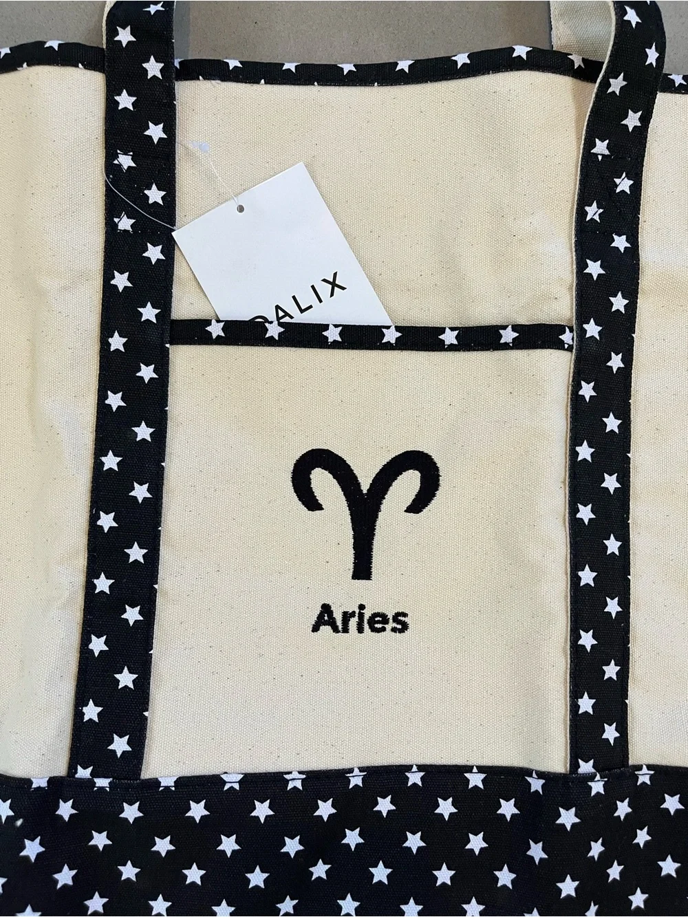 Zodiac Sign Shopping Canvas Tote Bag Black Star Horoscope Gifts - Aries
